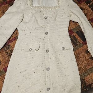 Elegant White Tweed Dress with Pearl Accents